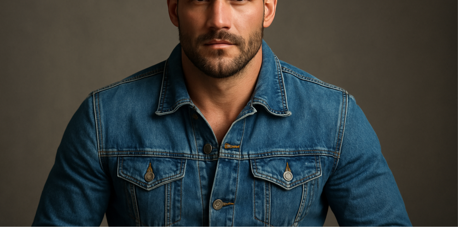 picture of a masculine man wearing a denim jacket 